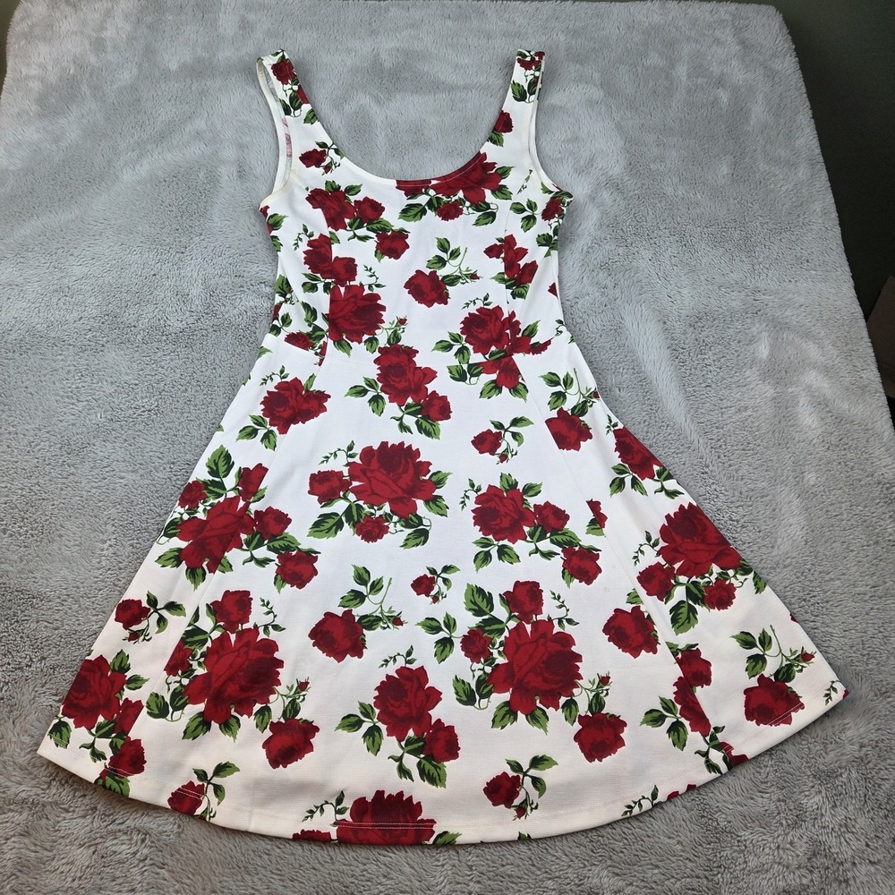 H&M Divided Skater Dress Womens 6 Floral Rose Fit and Flare Sleeveless White Red
